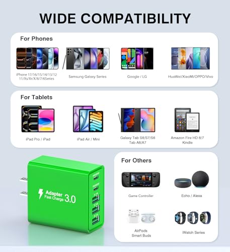 Image of USB C Wall Charger, 50W USB C Charger Block 5-Port PD Fast Charging Blocks,USB A Multiport Plug Brick Cube,Dual Type C Power Adapter for iPhone 17 /16 /15 /14 /13 /Pro,iPad,Samsung,for Switch(Green 2-Pack)