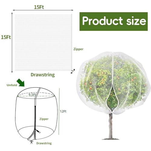 1 Pack Extra-Large Fruit Tree Netting Covers for Birds and Squirrels(15X15ft) –Bird Nets for Fruit Trees with Zipper and Drawstring, Extra Large Durable Mesh Garden Netting to Protect Fruit Trees by KYRGEU - Used condition - Image 2