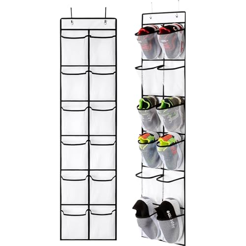 SOPSTUO Hanging Shoe Storage Over Door Shoe Storage Door Shoe Rack 12 Breathable Mesh Huge Pockets Shoe Hanging Storage Bag with 2 Metal Hooks for Various Doors (Modell A)
