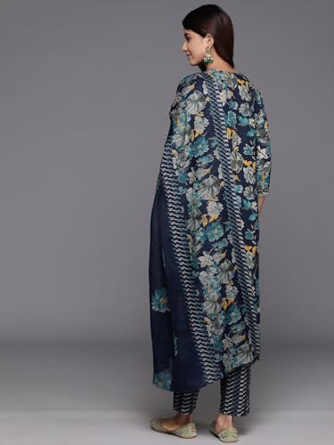 Varanga Womens Blue Floral Printed V-Neck Kurta With Zari Embroidery, Three-Quarter Sleeves, Side Slit, And Matching Bottom & Dupatta