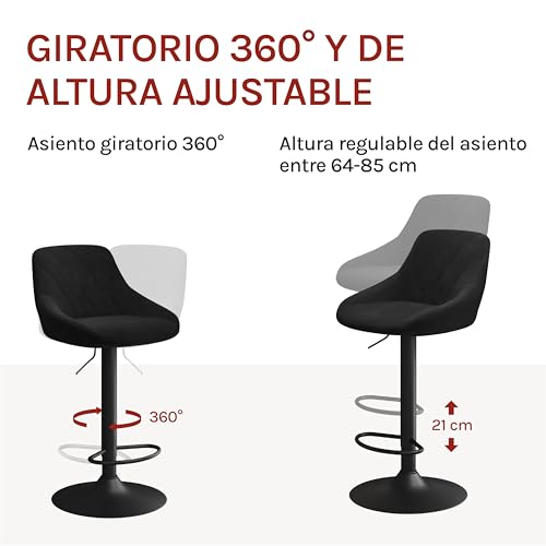 WOLTU 2X Taburete de Bar con Respaldo Terciopelo Regulable en Altura Negro BH219sz-2 - imagen 8