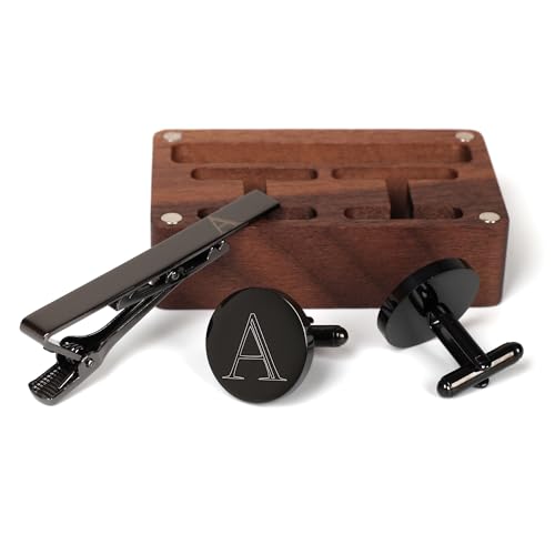 Image of Mens Initial Cufflinks and Tie Clip A-Z Alphabet Letter Black Stainless Cuff Links Tie Bar with Engraved Walnut Wood Box Groom Groomsman Wedding Set