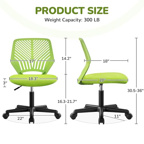 Image of Yaheetech Small Desk Chair, Armless Adjustable Swivel Seat, Green | Padded mesh seat and ventilated resin back, compact armless frame rolls and adjusts for study and small desks, holds 300 lb.