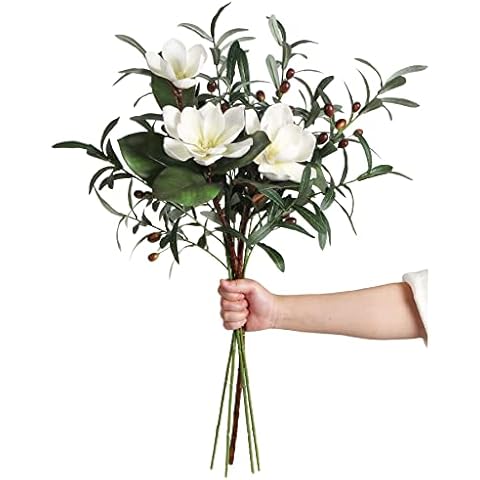 ICBOX White Silk Magnolia Flowers with Olive Branches for Vases Real Touch White Flower Combo Artificial Olive Branches 30" Long Stem Artificial Flowers for Tall Vase Home Decor Indoor (White) Cover