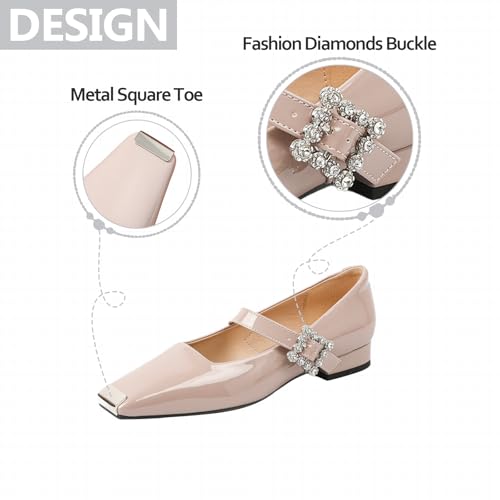 Womens Metal Square Toe Low Heel Mary Jane Shoes with Rhinestones Buckle Fashion Diamonds Decor Chunky Block Heel Dress Pumps for Party Prom Dress Daily Work Office4