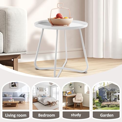Jerry & Maggie 18-Inch Metal Patio Table - Indoor/Outdoor Round Side Table with Adjustable Feet for Living Room, Bedroom, Garden, Balcony, Porch, Yard (White)