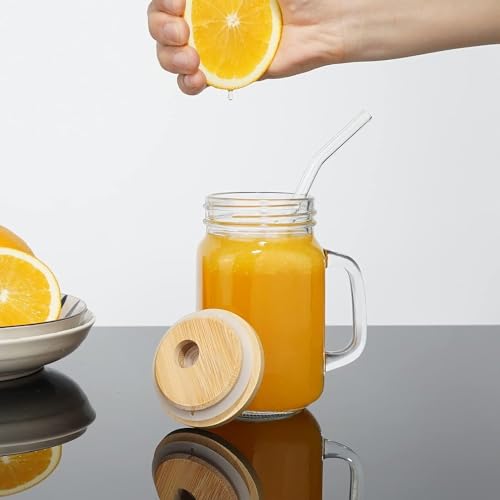 Bicchieri con Cannuccia Riutilizzabile, 4 Tazze di Vetro, 400 ml, con Manico, con Coperchio e cannuccia, con manico per acqua, caffè, cocktail, soda, regalo - immagine 3