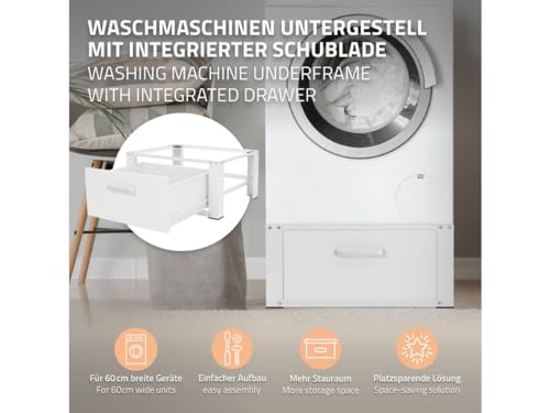 ML-Design Stevig Wasmachine Onderstel met Lade 63x54 cm Wit Staal tot 150 kg Geschikt als Wasmachine Kast of Basis Frame Duurzame Onderbouw met 31,5 cm Hoge Voetstukverhoging voor Droger en Koelkast - Afbeelding 4