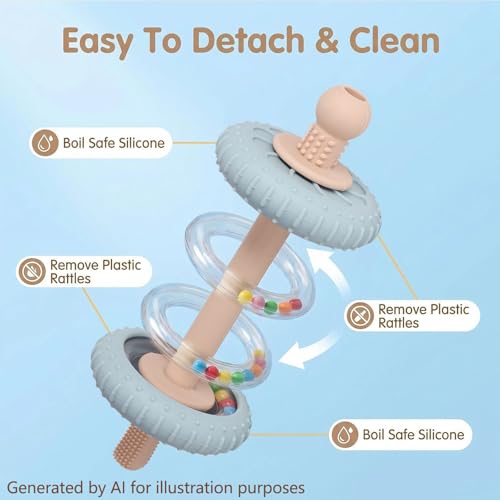 Image of Baby Teething Toys Baby Rattle Teething Straw 3-in-1 Barbell-Shaped, Made from Silicone, Built-in Toothbrush Head and Nipple Shape, Bpa-Free, Phthalate Free, Professionally Certified, Blue