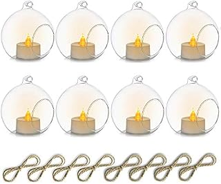 NUPTIO 8 Pcs 8cm Hanging Glass Tealight Holder Globe with LED Tealight, Plant Terrariums Glass Orbs Air Plants Tea Light Candle Holders Wedding Christmas Home Decor Indoor Outdoor Garden DIY Gifts