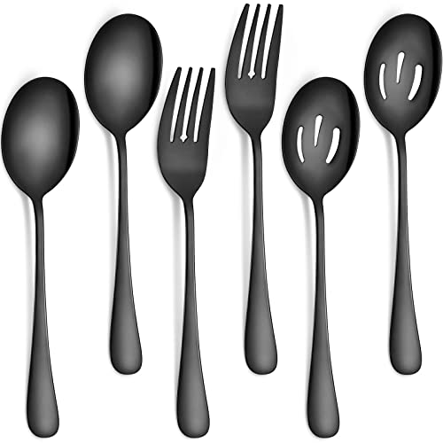 6 Pieces Large Stainless Steel Serving Spoons Slotted Serving Spoons Serving Forks Set for Catering Serving Utensils Party Buffet Dinner Banquet Cooking Kitchen Stirring Draining Tools (Black)