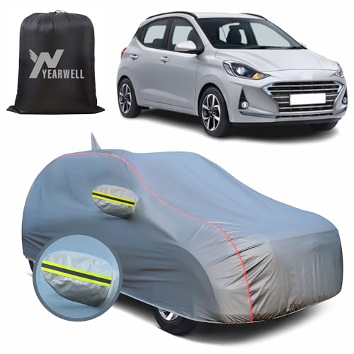 Image of Car Body Cover for Hyundai Grand i10 Nios, 100% Waterproof, Heat-Resistant with Mirror & Antenna Pockets, Soft Cotton Lining, Triple Stitched, Green Reflector (Metallic Grey)