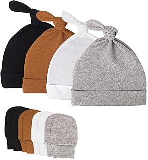 Runmeihe 8PCS Cotton Baby Hats and Gloves, Newborn Hospital Hats Winter Soft & Warm Knotted Cap for Boys and Girls, Baby Hats 0-10Month-Old