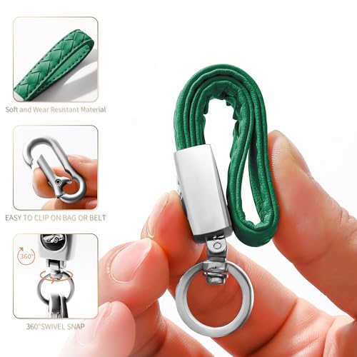 Image of Gkeygo Carabiner Keychain, Universal Heavy Duty Woven Handmade Leather Key Chain, Car Fob Key Keychains with 360 Degree Rotatable Snap Swivel and Anti-Lost D-Ring for Men and Women, Silver - Green