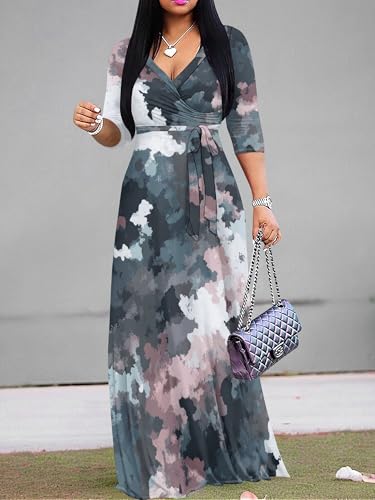 Image of Plus Size Dresses for Women Print Maxi Dresses 3 /4 Sleeve with Belt