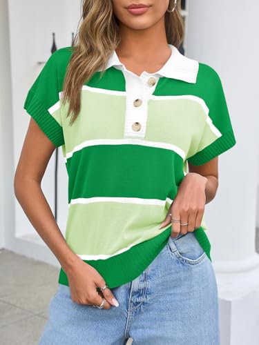 Image of Saodimallsu Women's V Neck Button Down Striped Short Sleeve Knit Sweater