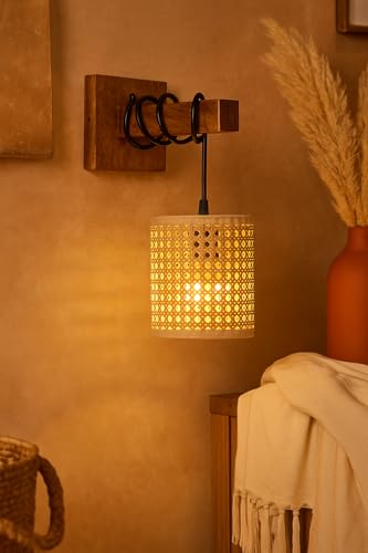 Image of AKWAY Rattan wall Lamps for Living Room | Bamboo wall Lights for Bedroom | Cane wall scones for Home Decoration (Bulb Not Included) (Rattan Eye Webbing Hang)