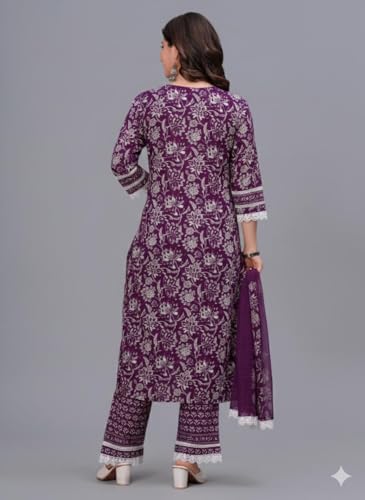 Image of Amayra Women's Pure Cotton Printed Straight Kurta Set with Palazzo Pants & Dupatta- Ethnic Wear