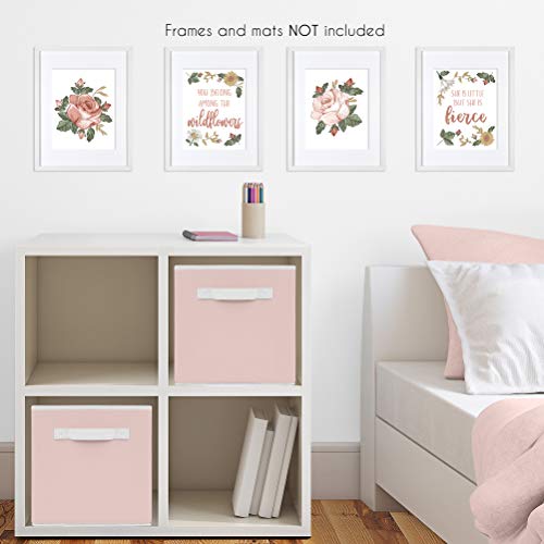 Image of Sweet Jojo Designs Vintage Floral Boho Wall Art Prints Room Decor for Baby, Nursery, and Kids - Set of 4 - Blush Pink, Yellow, Green and White Shabby Chic Rose Flower Farmhouse Wildflower