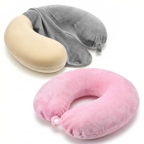 Xelsluthe 2 Colors Neck Pillow Covers with Zipper Washable U Shaped Replacement Cover Gray and Pink Reusable Travel Pillow Cover Soft Smooth Plush Fabric Universal Fit Airplane Pillows Case