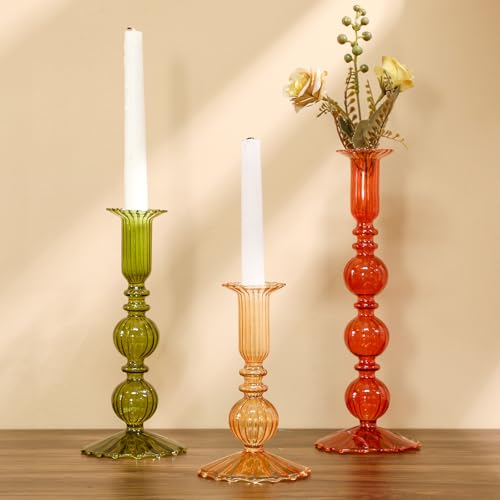 Mumufy 3 Pcs Fall Glass Candlestick Holders Thanksgiving Ball Shaped Glass Taper Candle Holder Amber Olive Honey Gold Fall Candle Stick Vase Decor for Holiday (5.9, 7.9, 10 inch,Vivid)