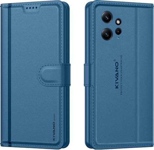 Image of KIVANO LUXE Compatible for Redmi 12 5G / Poco M6 Pro Luxury Handmade Leather Magnetic Flip Folio Case | Card Holder & Kickstand | Slim Protective Cover | Unisex - Blue