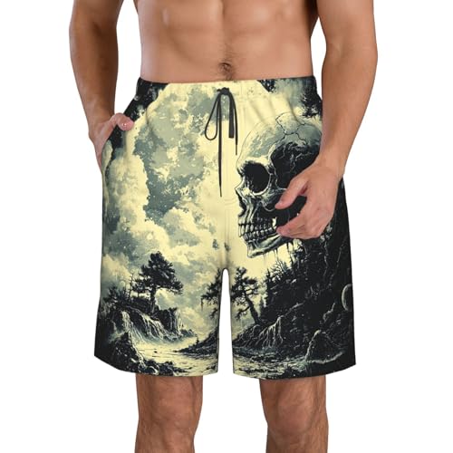 Men's Swim Trunks Bathing Suit Quick Dry Beach Board Shorts - Skull Goth Moon - Main Image