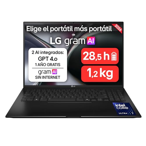 LG gram 16ZD90TL-G.AX85BN - Ordenador Portátil Ultraligero de 16' Intel Core Ultra 7 258V, 32 GB RAM, 512 GB SSD, IPS Antirreflejo, 1239g, 28.5h, FreeOS, Teclado QWERTY Español, Negro Carbón