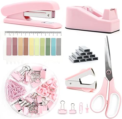 Pink Office Supplies, UPIHO Pink Desk Accessories, Stapler and Tape Dispenser Set for Women with Stapler, Tape Dispenser, Staple Remover, Staples, Clips, Scissor and Tabs for Students…