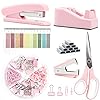 Pink Office Supplies, UPIHO Pink Desk Accessories, Stapler and Tape Dispenser Set for Women with Stapler, Tape Dispenser, Staple Remover, Staples, Clips, Scissor and Tabs,Gift for Students, Coworkers