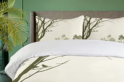 Ambesonne Forest Duvet Cover Set, Nature Theme The Panorama Of A Forest Pattern Birds On Tree Branches Print, Decorative 3 Piece Bedding Set With 2 Pillow Shams, Queen Size, Olive Green Cream #TOP2