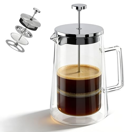 XJJAUGKLY Prensa de café French Press de 1 litro, ollas de acero inoxidable y cristal con aislamiento de doble pared, resistente al calor, para café, té, cerveza fría, ideal para oficina, hogar (1000