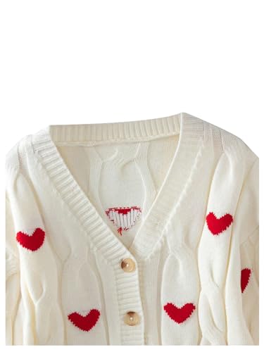 Floerns Girl's Long Sleeve Hearts Print Cardigans Button Up V Neck Cable Knit Sweaters3