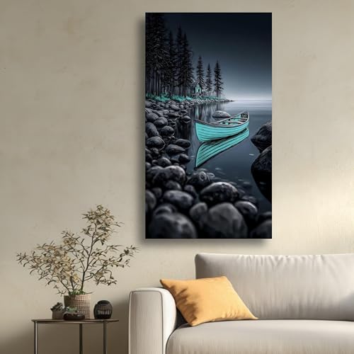 Tableau de paysage lacustre avec canoë bleu et cabane 55x100 cm