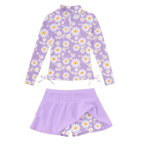 Image of Vogseek 3-12T Girls Rash Guard 2 Pieces Bathing Suit Long Sleeve Swimsuit Swimming Skirt with Shorts Swimwear