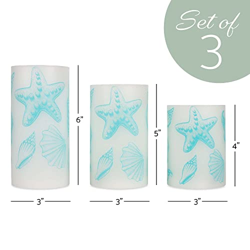 Image of Elanze Designs Seashells Nautical Blue 6 inch Wax LED Flameless Pillar Candles Set of 3