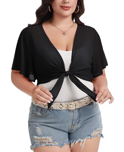 Image of Women Crop Cardigan Sheer Mesh Bolero Shrugs for Dresses Plus Size Tie Front Cardigans Ruffled Short Sleeve Tops