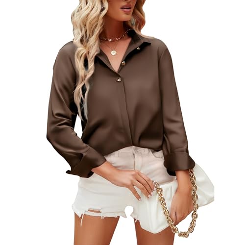 Esabel.C Satin Silk Button Down Shirts for Women Casual Silky Long Sleeve Work Tunic Top