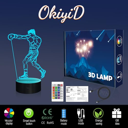 Image of OkiyiD Boxing Gifts for Men, 3D Boxing Night Light Illusion Lamp with 16 Colors Remote Control, Boxeo Stuff for Boys Men Birthday Xmas Decor