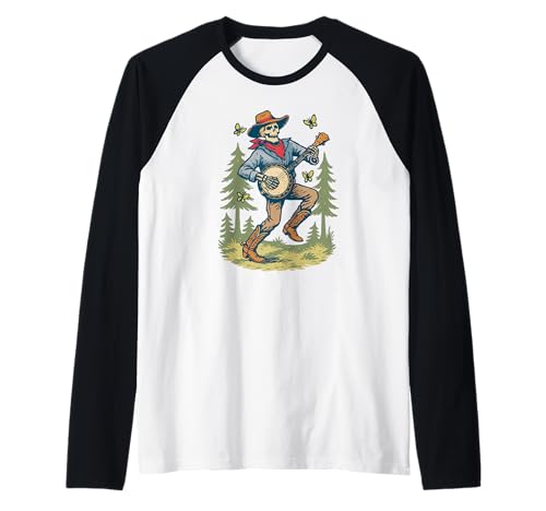 Dancing Skeleton & Banjo Western Country Music Vintage Camiseta Manga Raglan