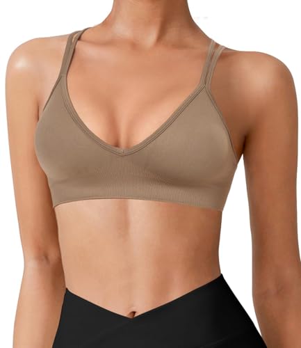 Image of VEQKING Seamless V-Neck Cross Back Women Sports Bra for Small Chest, 3 Pack | Made for A-C Cups, Spaghetti Straps, Removable Padded, Comfort Wireless for Low Impact Workout: Yoga, Lounging & Daily Wear