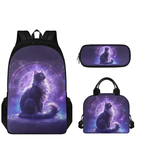 3Pcs Black Cat Backpack Set for School, 17 Inch Backpack with Lunch Bag Pencil Case for Girls, Lightweight Teen Bookbag for Middle School