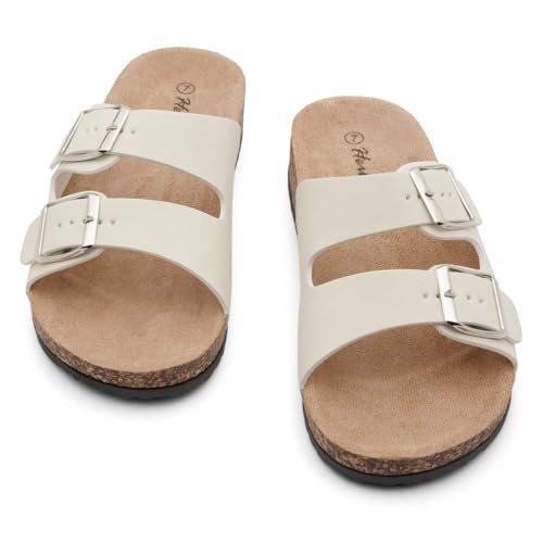 Image of Herstyle Womens Cork Footbed Slides for Women, Double Strap Flat Sandals, Adjustable Buckle Comfort Slip On Shoes, Summer Beach Casual Walking Slippers