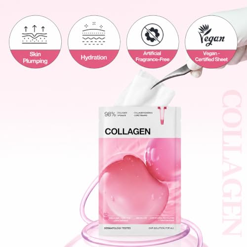 Image of Collagen Essential Sheet Mask (1 Sheet) Firming & Hydrating Korean Face Mask with 98% Vegan Collagen, Peptides & Hyaluronic Acid, Skin Elasticity, K-Beauty Facial Mask for Smooth & Plump Skin