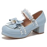  Lizoleor Lolita Mary Jane Bloc Bout Carré Femmes Chaussures Bride Cheville Lovely Bowknot Ruffles Girl Chaussures Plateforme Confort Bleu Taille 41 EU/43Cn