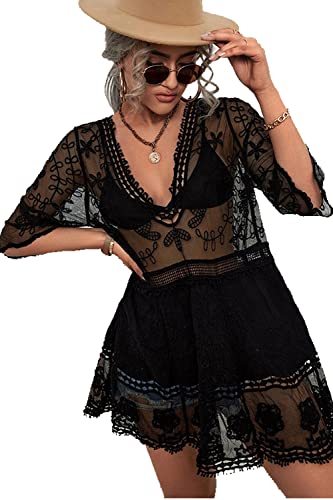 Womens Beach Dresses Swimsuit Crochet Cover Up Bathing Suit Coverups Dress See Through Hollow Out Floral Beachwear
