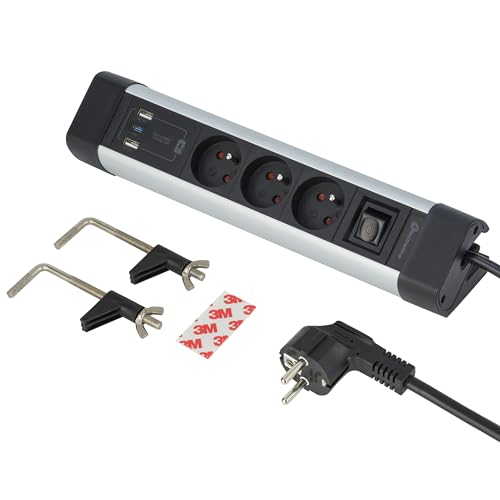 Electraline 35460 - Regleta para escritorio (3 enchufes + 3 USB (1 USB C (Power Delivery) PD20 W + 2 USB A 3.0A (QuickCharge), con ganchos para montaje en el escritorio + 2 pegatinas de doble cara