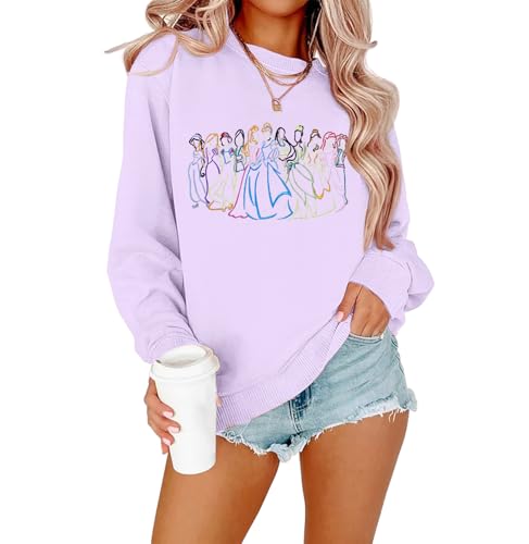 Image of BANGELY Fantastical Sweatshirt Women Cute Embroidered Fantastical Princess Sweater Family Vacation Shirt Long Sleeve Top