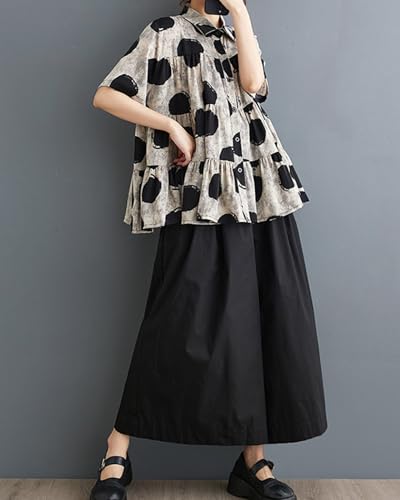 ellazhu Women's Short Sleeves Polka Dot Floral Print Casual Button Down T-Shirt GZ1672