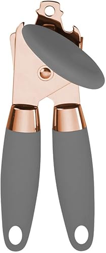 KAISHANE Abrelatas manual de acero inoxidable de oro rosa con asas antideslizantes negras y perilla grande con abrebotellas integrado (gris)